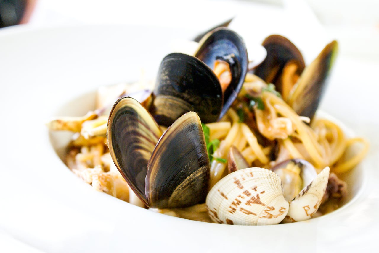 home-hero Close-up of Italian seafood pasta with clams and mussels served in Florence.